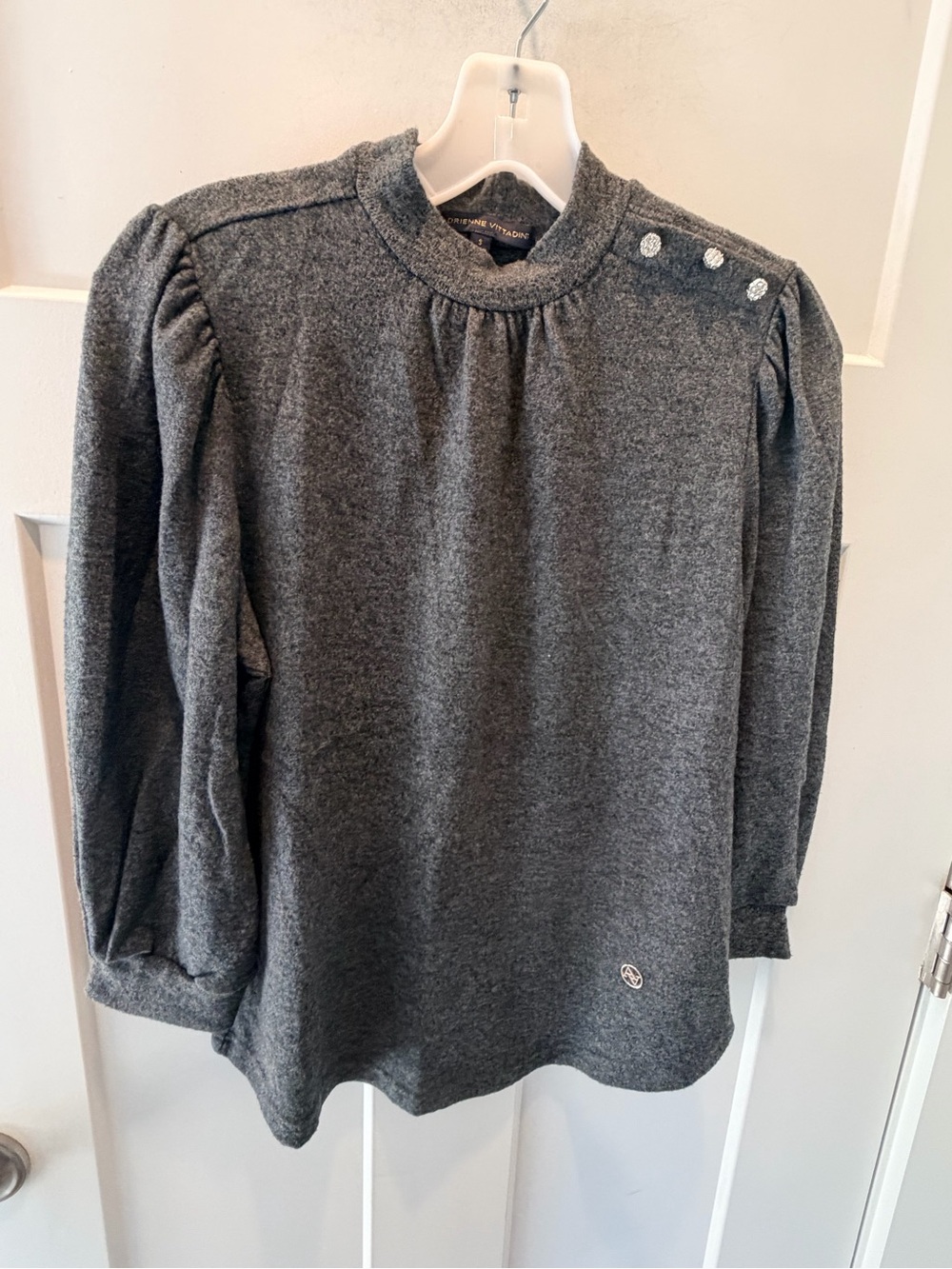 Adrienne Vittadini Charcoal Gray Puff Sleeve Jeweled Button Top S